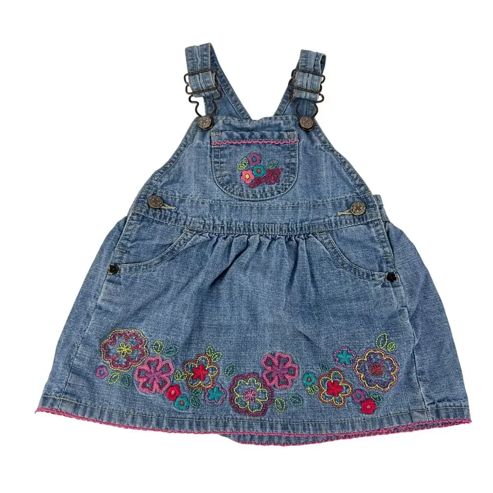 Vintage Oshkosh B'gosh Girls 12 Months Overall Embroidered Floral Denim Dress